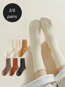 3/6 Pairs Thickened Diagonal Rib Mid-Calf Socks, Warm And Comfortable, Solid Color Long Socks, Moon Socks, Antibacterial And Moisture-Absorbing, Comfortable And Warm, Suitable For Sports, Home, Casual And Commuting - Multicolor - View 1
