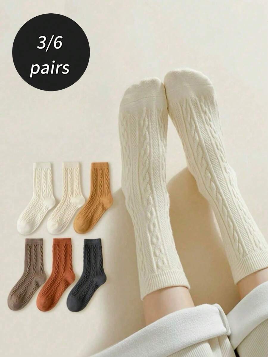 3/6 Pairs Thickened Diagonal Rib Mid-Calf Socks, Warm And Comfortable, Solid Color Long Socks, Moon Socks, Antibacterial And Moisture-Absorbing, Comfortable And Warm, Suitable For Sports, Home, Casual And Commuting - Multicolor - View 1