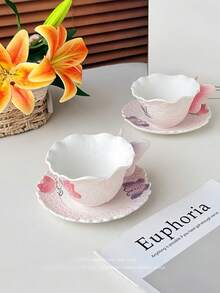 Hand-Painted 3D Butterfly Ceramic Tea Cup And Saucer Set, Butterfly Spoon, Embossed Pink Coffee Cup, Elegant Afternoon Tea Tableware, Home Cafe Decor, Birthday Gift, Housewarming Gift - Multicolor - View 5
