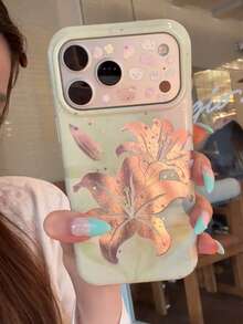 Summer INS Green Gradient Gold Lily Flower Phone Case Compatible With IPhone 17 Pro Max, 16 Pro, 16, 17 Pro, 15 Pro Max, Girly Artistic Soft Anti-Drop Protective Cover - Green - View 1