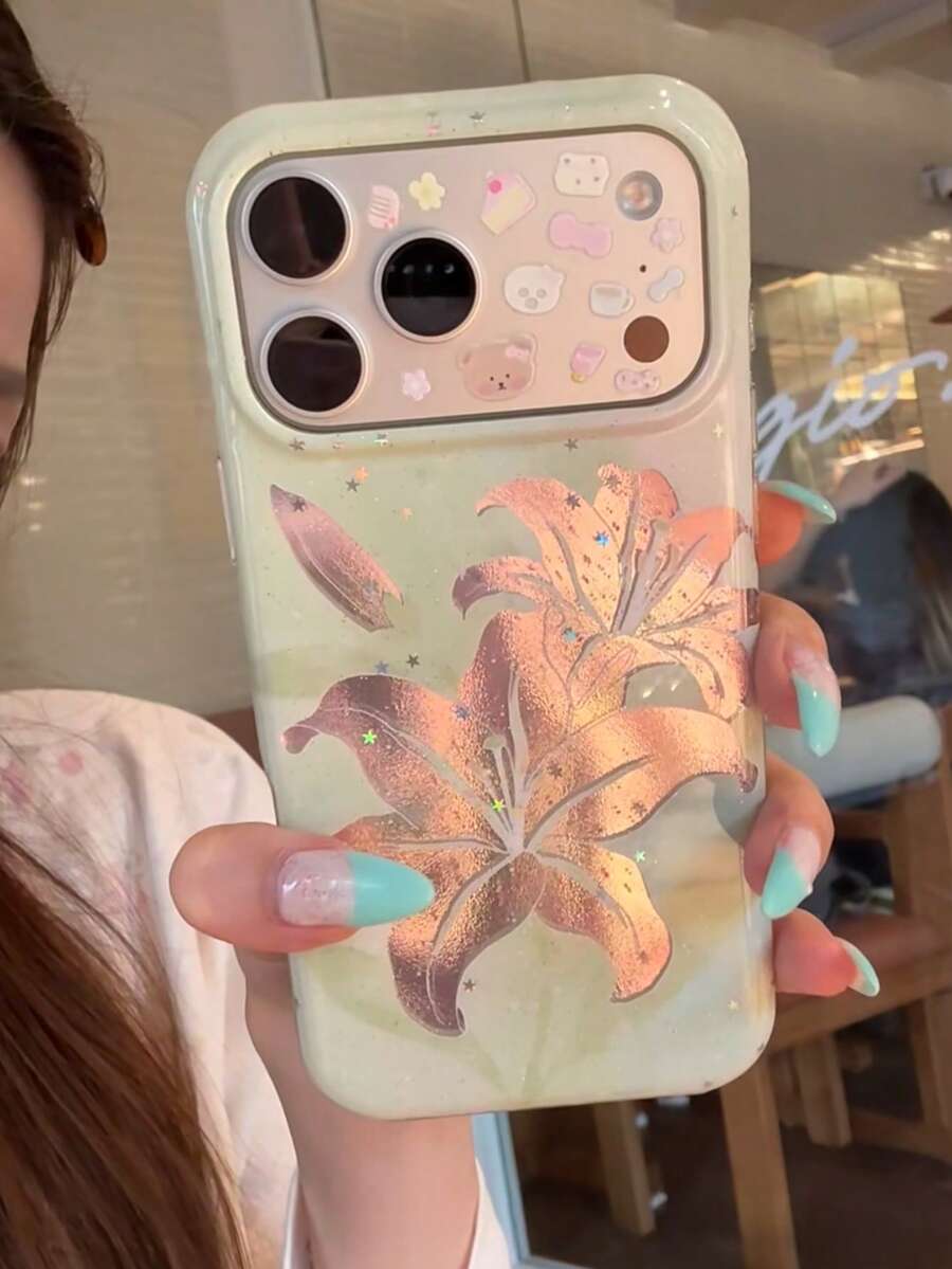 Summer INS Green Gradient Gold Lily Flower Phone Case Compatible With IPhone 17 Pro Max, 16 Pro, 16, 17 Pro, 15 Pro Max, Girly Artistic Soft Anti-Drop Protective Cover - Green - View 1