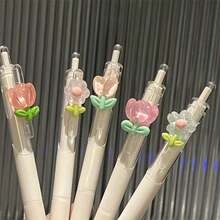 5pcs Retractable Floral Pattern Ballpoint Pens, Romantic Tulip Design, 0.5mm, Suitable For Journaling And Sketching, Back To School Essential, School And Office Supplies, Holiday Gift - Multi-color - View 2