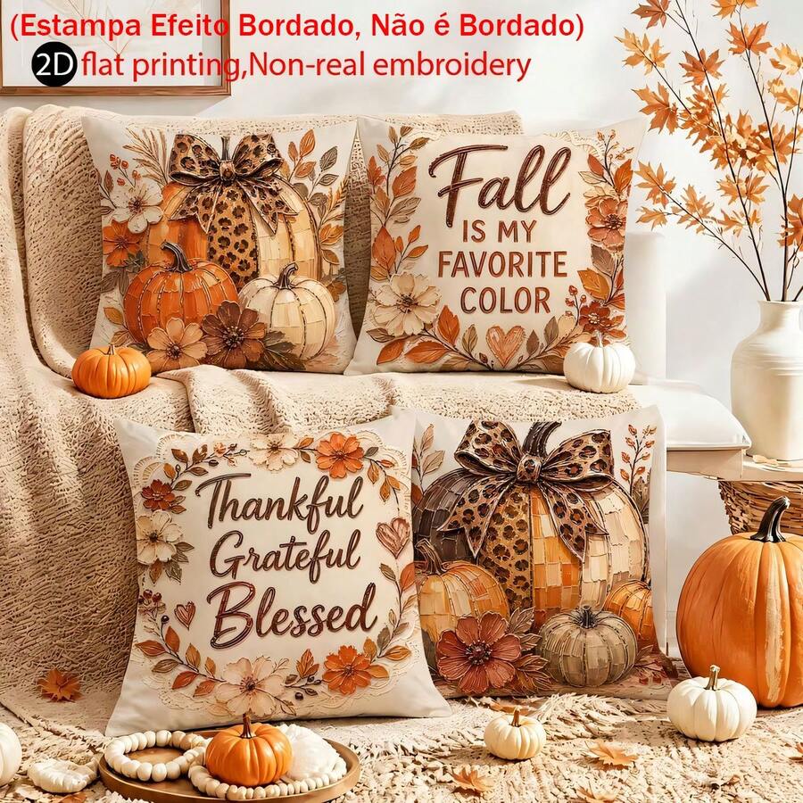 4pcs Autumn Thanksgiving Pumpkin Floral Pillow Covers, American Country Style Autumn Leopard Print Bow Pumpkin Floral Pattern, Single-Sided 2D Flat Print, Non-3D Real Embroidery, 45*45cm (18*18in), Soft Comfortable Polyester Cushion Covers, Zipper Closure, Machine Washable, Suitable For Living Room Bedroom Home Decor (Pillow Covers Only, Pillow Insert Not Included) - Multicolor - View 1