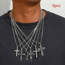 6pcs/Set, Men's Vintage Gothic Cross Pendant Necklace Set, Stainless Steel Multi-Functional Neckwear, ExquisiaWear Party, Street Fashion Jewelry, Unique Personalized Accessory, Ideal Birthday Gift - 6pcs/set - View 1