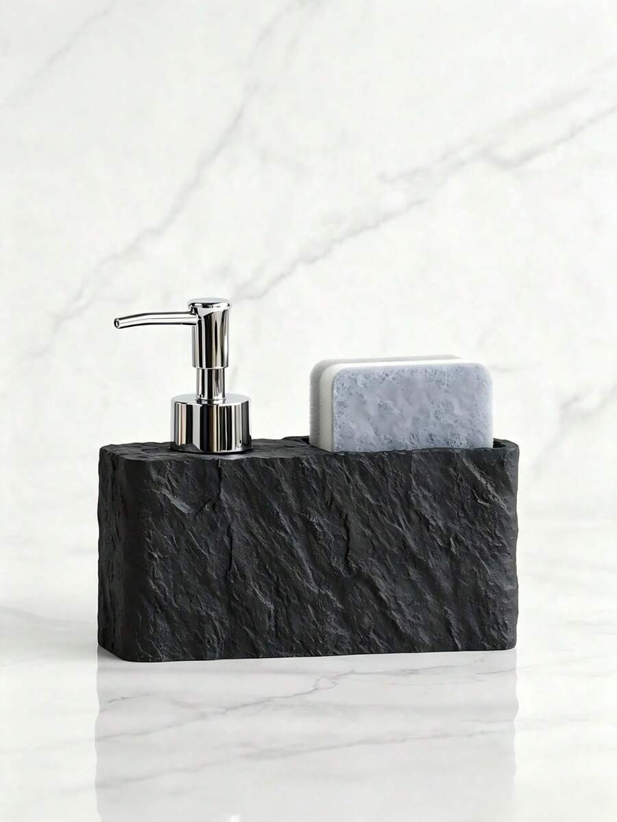 Marble Texture Shale-Feel Kitchen Dispenser Set, Includes Refillable Dish Soap And Hand Soap Liquid Bottles, Liquid Products And Cleaning Sponge Desktop Storage Box - A - View 1