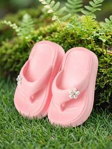 HAHABOBO New Summer Girls' Cute 3D Pearl Flower Decorated Platform Flip-Flops, EVA Thong Sandals, Perfect For Beach Trips And Vacations - Pink - View 1