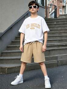 Tween Boys Letter Print Short Sleeve T-Shirt And Shorts 2 Pieces Outfit For Summer - Khaki - View 1
