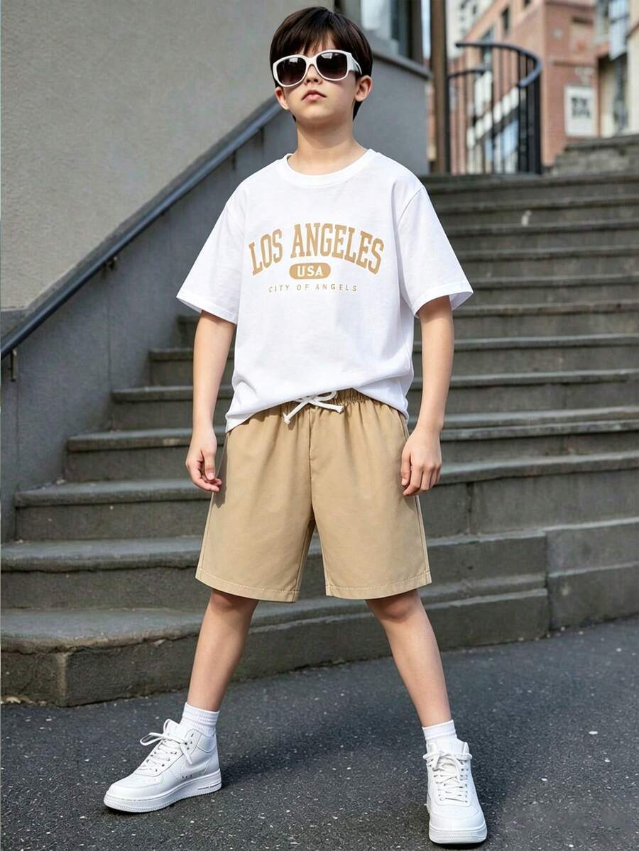 Tween Boys Letter Print Short Sleeve T-Shirt And Shorts 2 Pieces Outfit For Summer - Khaki - View 1