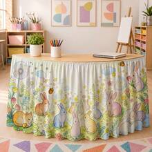 Cute Bunny Rabbit Table Skirt, Pastel Spring Garden Animal Theme Table Cover With Woodland Rabbit Flowers Butterfly Stars Pattern, Kids Classroom Decoration Polyester Table Skirt For Preschool Learning Room Birthday Party Home Decor - A - View 5