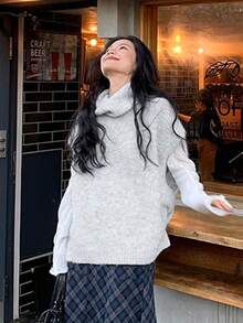 Korean Style Turtleneck Sweater Vest For Women, New Loose Relaxed Layering Top - Light Grey - View 2