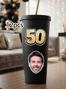 12/20/40pc Custom Photo Age Number Face Stickers, Personalized Head Cutout Decals, Gold Number Custom Stickers For Men Birthday Party, 40th 50th 70th 80th Adult Milestone Birthday Party Decor Supplies,Wine Glass & Gift Box Sticker - Multicolor - View 7