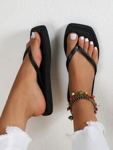 Solid Color Women's Spring/Summer Square Toe Soft Comfortable Open Toe Thong Flip Flops For Outdoor, Vacation, Beach, Bathroom - Black - View 3