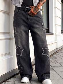 Men's Vintage Washed Black Wide Leg Jeans, Frayed Hem Star Patch Design, Loose Casual Everyday Versatile Denim Wide Leg Pants - Black - View 3