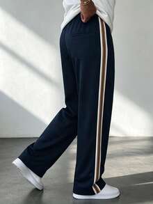 Men's Knitted Long Pants With Contrast Color Design, Casual Sports Straight Leg Pants For Daily Wear And Commuting - Navy Blue - View 2