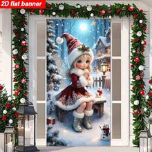 1pc Christmas Fantasy Snow Scene Elf Door Banner, Polyester Material, Cute Cartoon And Snowman Background Cloth, Suitable For Living Room, Bedroom And Yard Garden, Christmas Party, Winter Carnival - A - View 2