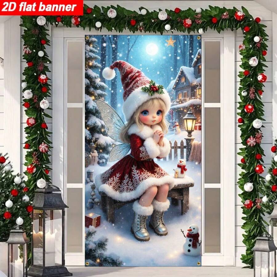 1pc Christmas Fantasy Snow Scene Elf Door Banner, Polyester Material, Cute Cartoon And Snowman Background Cloth, Suitable For Living Room, Bedroom And Yard Garden, Christmas Party, Winter Carnival