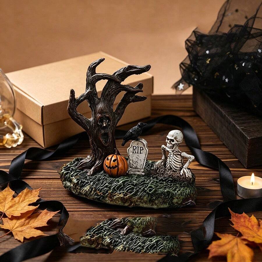 1pc Halloween Dead Tree Resin Figurine, Dark Gothic Style Halloween Scene Decor, Recreating Mysterious Quiet Desolate Cemetery Landscape, Designed For Men, Women And Teenagers Seeking Unique Atmosphere, Perfect For Home Decor, Collection And Holiday Display, Long-Lasting Fine Texture - Multicolor - View 1