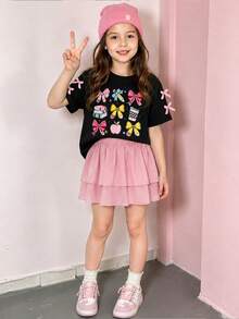 Young Girl Cartoon Print Round Neck Short Sleeve Top And Skirt Set - Black - View 1