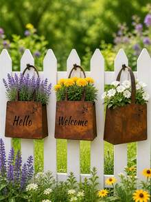 3pcs/1pc Vintage Rusty Metal Hanging Flower Basket, Double-Sided Hello & Welcome Design, Suitable For Garden, Yard, Wall, Indoor And Outdoor Decoration - Style Random - View 1