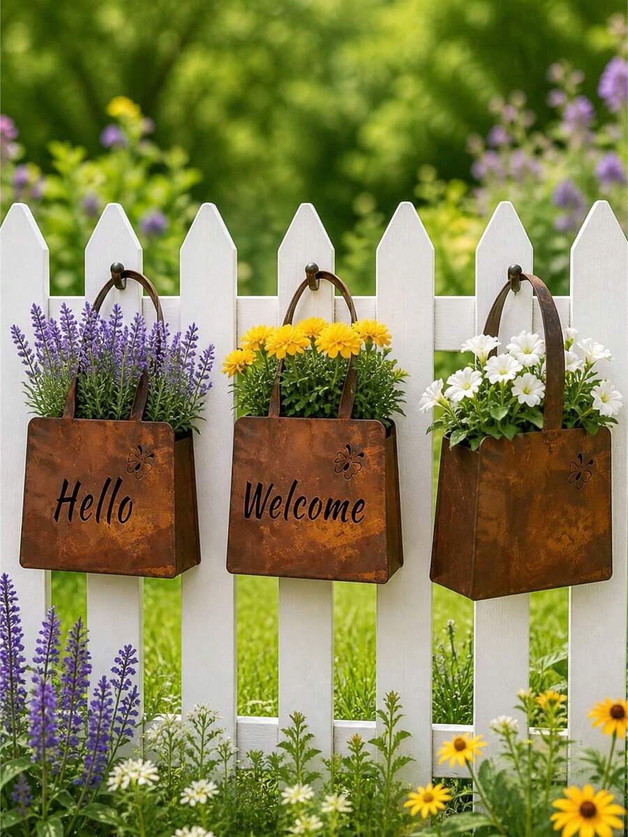 3pcs/1pc Vintage Rusty Metal Hanging Flower Basket, Double-Sided Hello & Welcome Design, Suitable For Garden, Yard, Wall, Indoor And Outdoor Decoration - Style Random - View 1