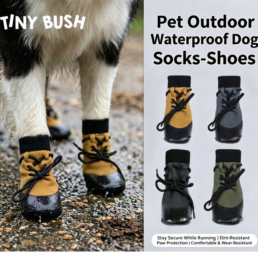 Dog Outdoor Waterproof Shoe Covers, Lace-Up Anti-Slip Pet Shoes And Socks, Wear-Resistant Anti-Slip Paw Protection Walking Shoes - Mustard Yellow - View 1