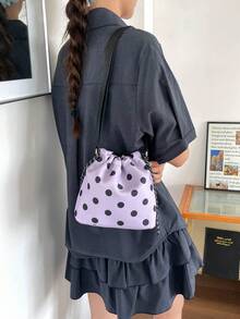 1 pieza Bolso cubo de nailon de unicolor con cordón y patrón de lunares, bolso bandolera para mujer - Púrpura malva - Ver 2