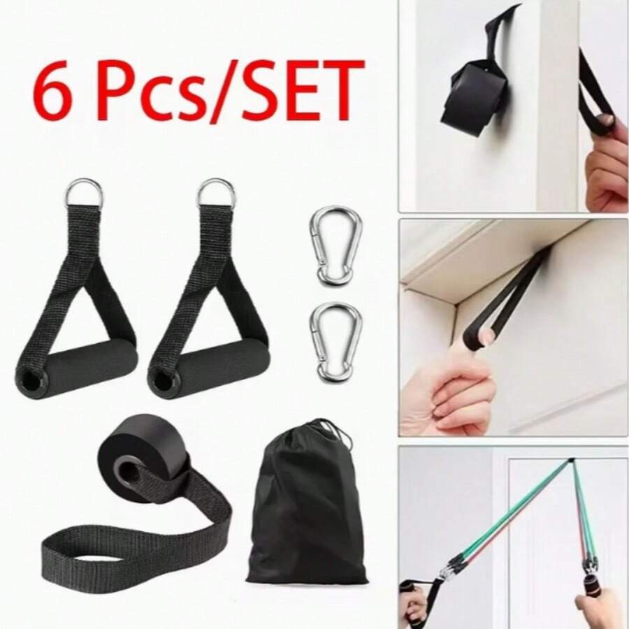 6pcs Fitness Resistance Band Handles, Gym Grip Handles, Non-Slip Grip, Metal Buckle, Suitable For Elastic Bands/Resistance Bands, Essential For Home Body Shaping And Strength Training, Comes With Portable Storage Bag - Black - View 1