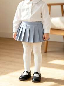 2pcs Classic Versatile Solid Color Striped Snug Fit Tights For Baby Girls, Suitable For Daily Wear - White - View 4