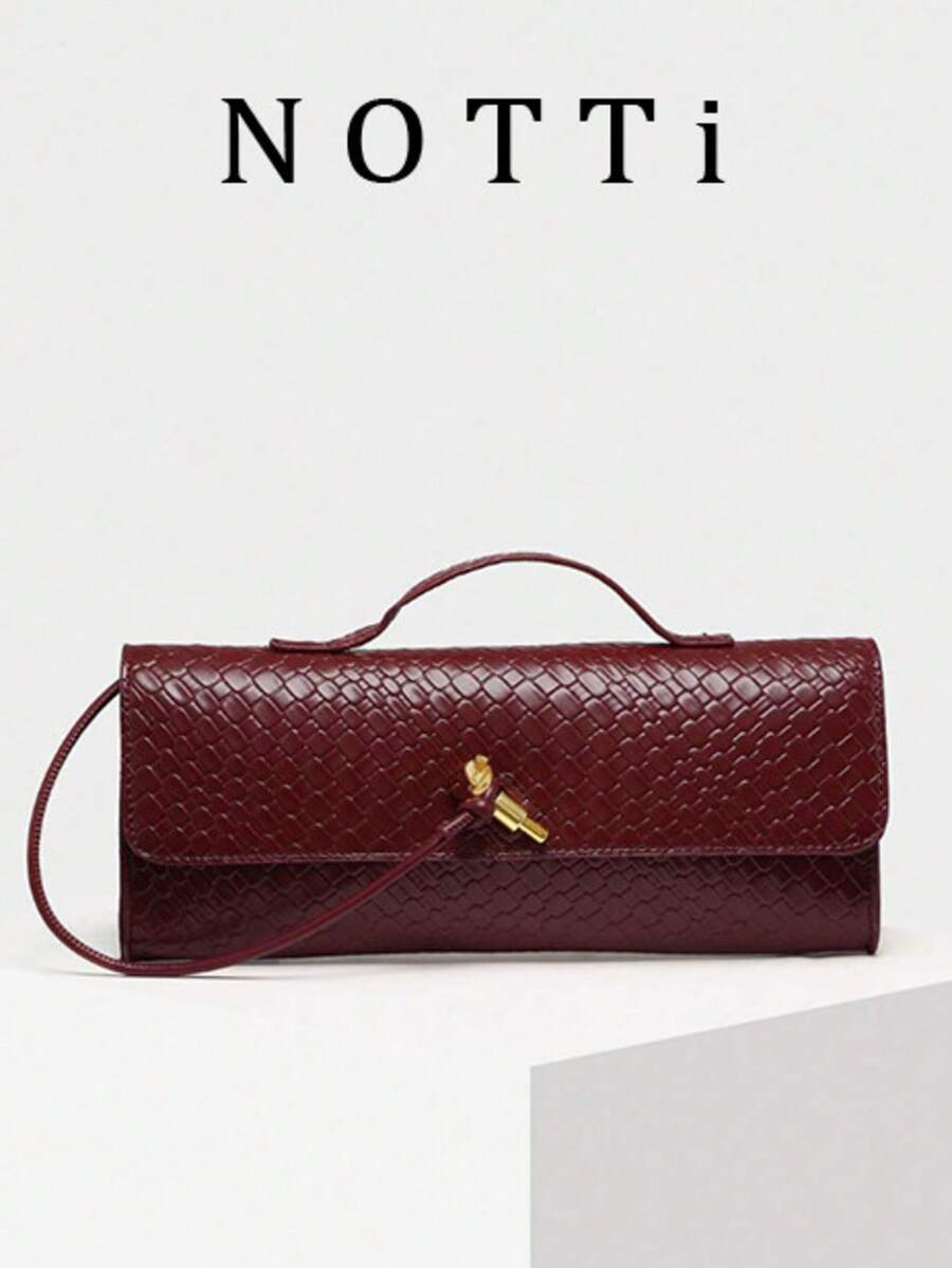 Tas Clutch Wanita Vintage Minimalis dengan Tekstur Tenun Imitasi Warna Merah Angola, Model Retro dengan Penutup dan Kunci, Kapasitas Besar. - Merah - View 1