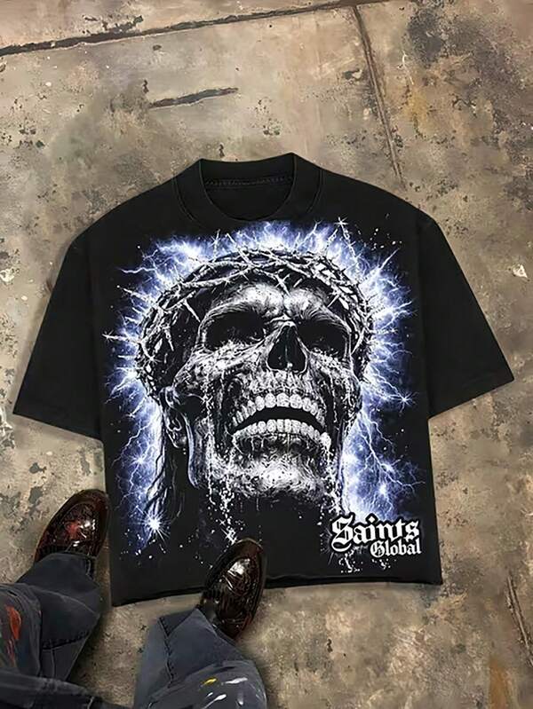 100% Cotton, Printed T-Shirts With Electric Stripes On Skulls, Comfortable Short-Sleeved Outdoor Holiday Sports, Men's Summer T-Shirts, Holiday Gifts.