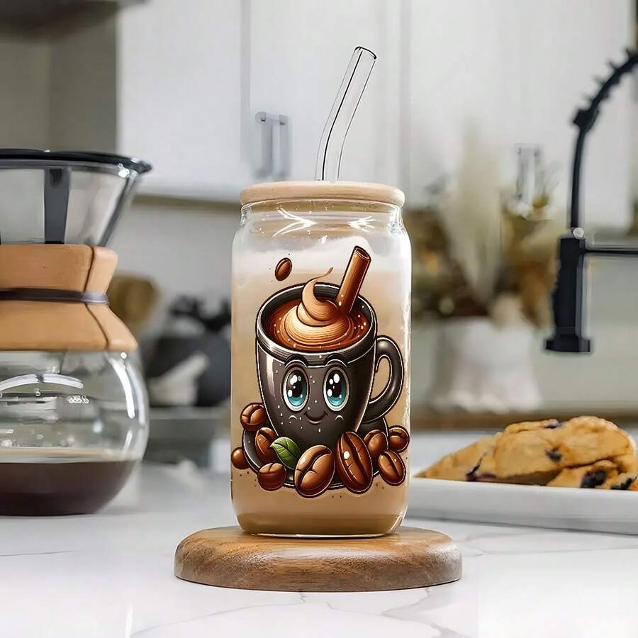 16oz Cute Cartoon Coffee Bean Pattern Glass Cup, Iced Coffee Straw Cup For Coffee Lovers - Multicolor - View 1