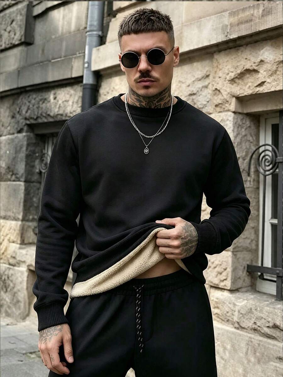 Men's Autumn/Winter Casual Thermal Lined Thick Warm Sweatshirt - Black - View 1
