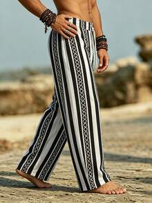 Vintage Colorblock Vertical Stripe Men's Loose Drawstring Waist Breathable Wide Leg Long Pants For Surfing And Vacation - Multicolor - View 3