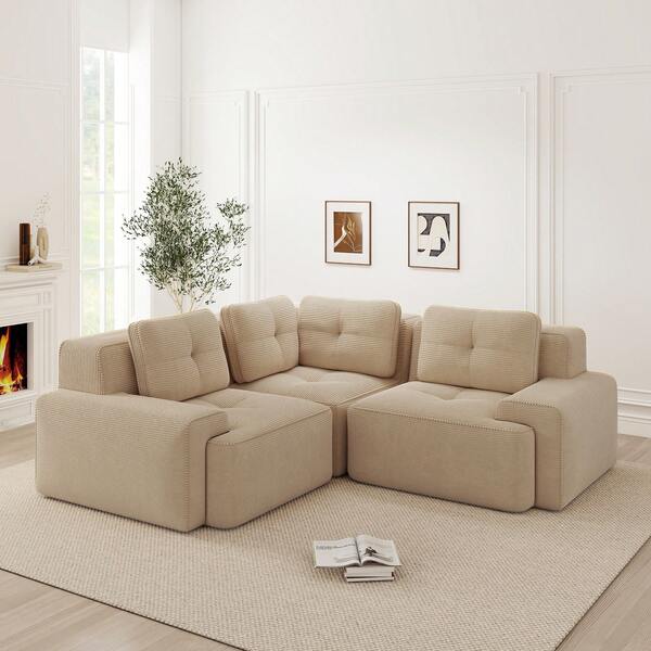 Beige Sofa 249x249cm - Corduroy Fabric Sofa, No Assembly Required