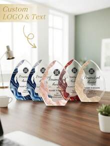 1pc Personalized Logo & Text Acrylic Trophy Plaque, Desktop Standalone Display, Gold Foil Design, Corporate Logo & Text Desktop Award, Unique Asymmetrical Shaped Acrylic Sign Gift, Suitable For Employee Recognition & Team Achievement - Multicolor - View 1