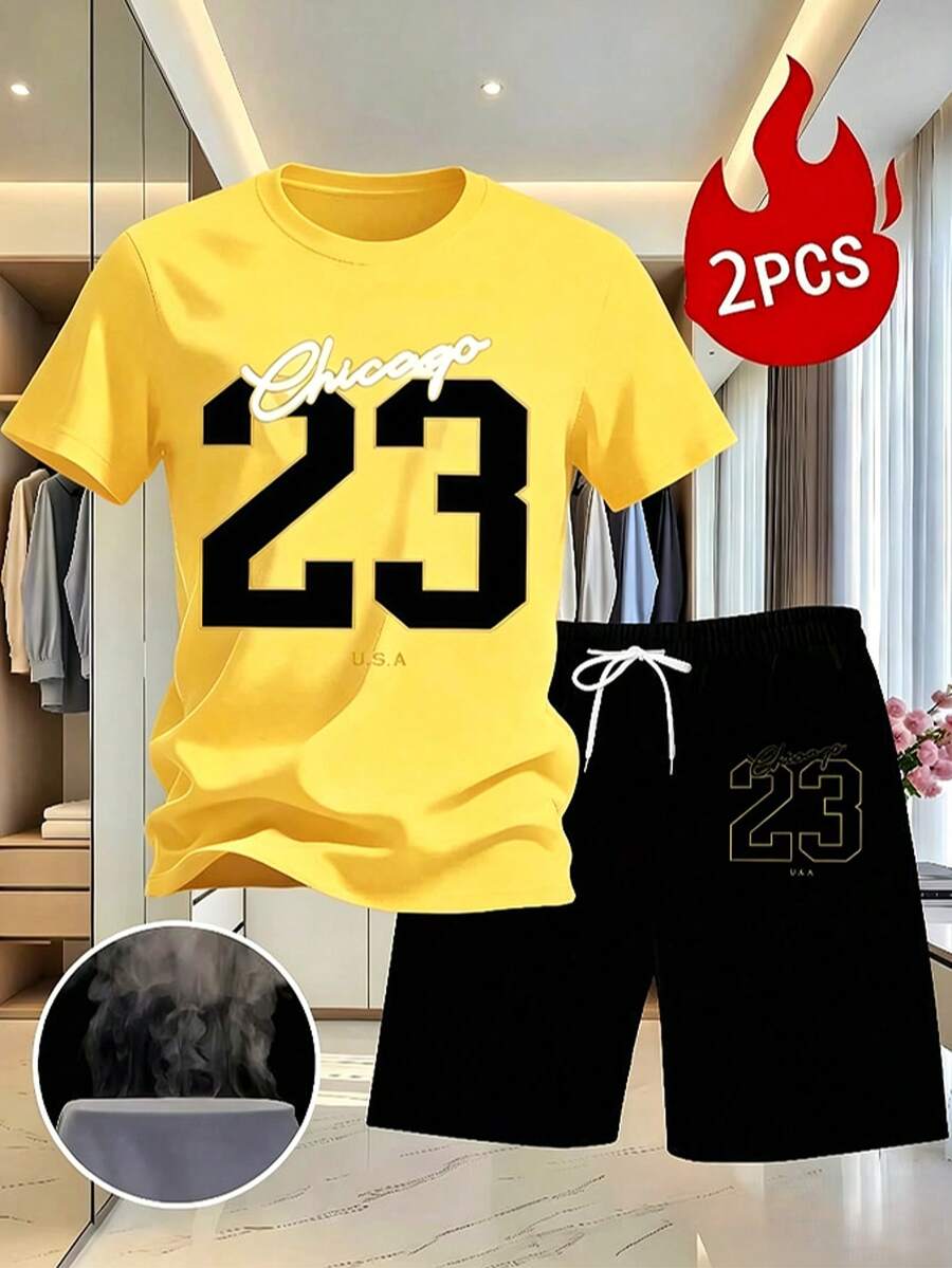 Mens Clothes Set Of 2pcs Including A White T-Shirt Featuring A Black And Golden '23' Print,Shorts That Have Golden '23' Accents And A White Drawstring - 黃色 - 查看 1