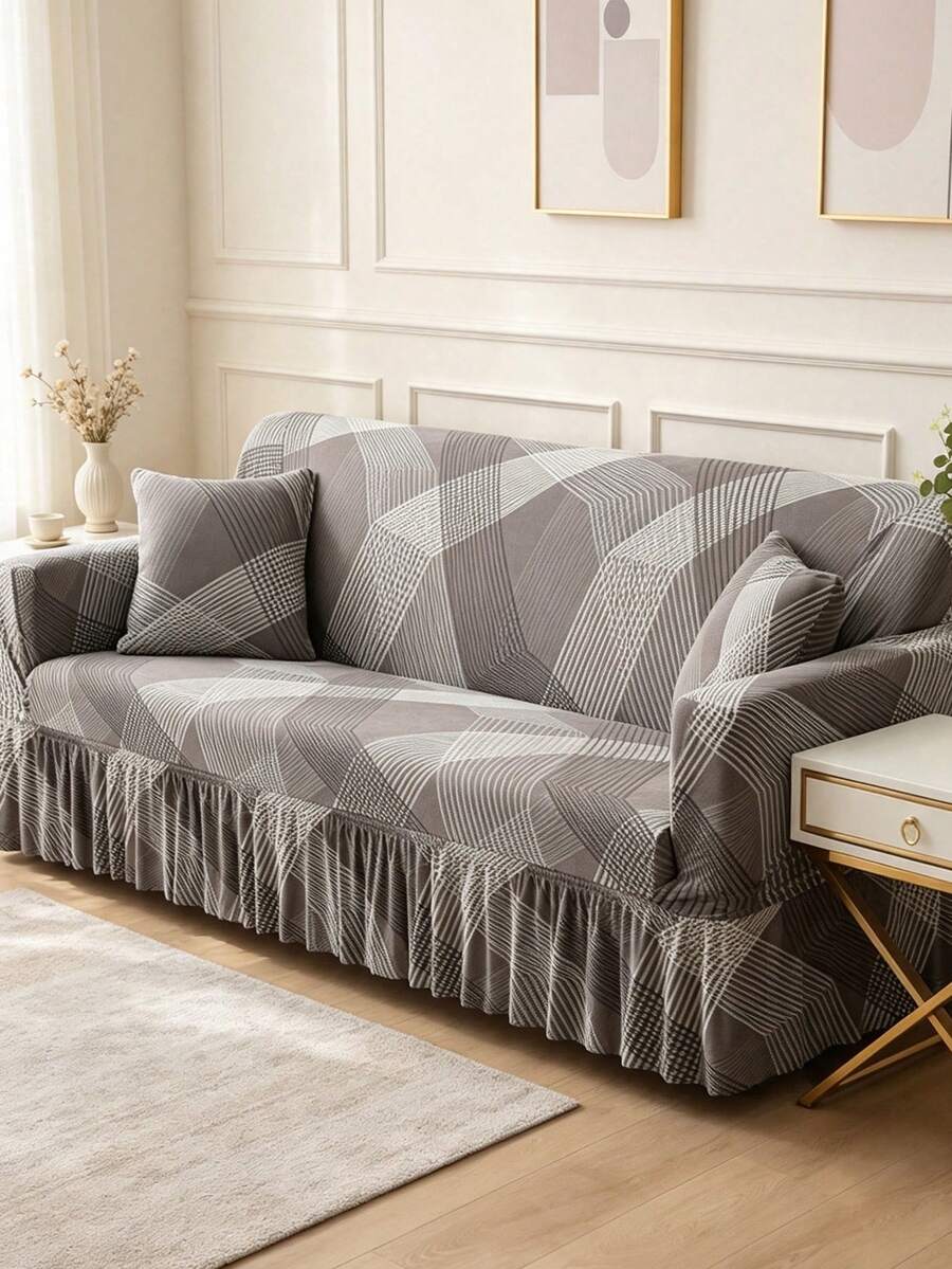1pc Printed Hem Full Coverage Elastic Sofa Cover, Geometric Pattern, Dust-Proof & Stain-Resistant, Stretchable One-Piece Full Coverage Sofa Protector, Living Room Home Decor, Machine Washable & Hand Washable - Grey - View 1