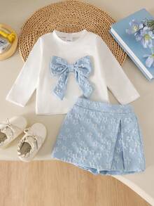 2pcs Baby Girl Fresh Soft 3D Bow Long Sleeve Top & Skort Set, Lightweight Spring/Autumn - Baby Blue - View 3