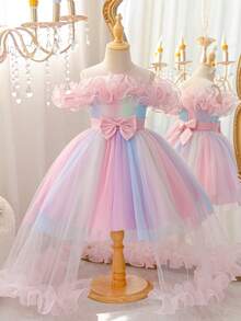 Iridescent Gradient Tween Girl Flower Girl Long Dress, Off-Shoulder 3D Ruffle Princess Gown With Front Slit, High Waist Satin Bow Colorblock Fluffy Tulle Skirt For Girls Wedding, Baptism, Party, Performance - Baby Pink - View 3