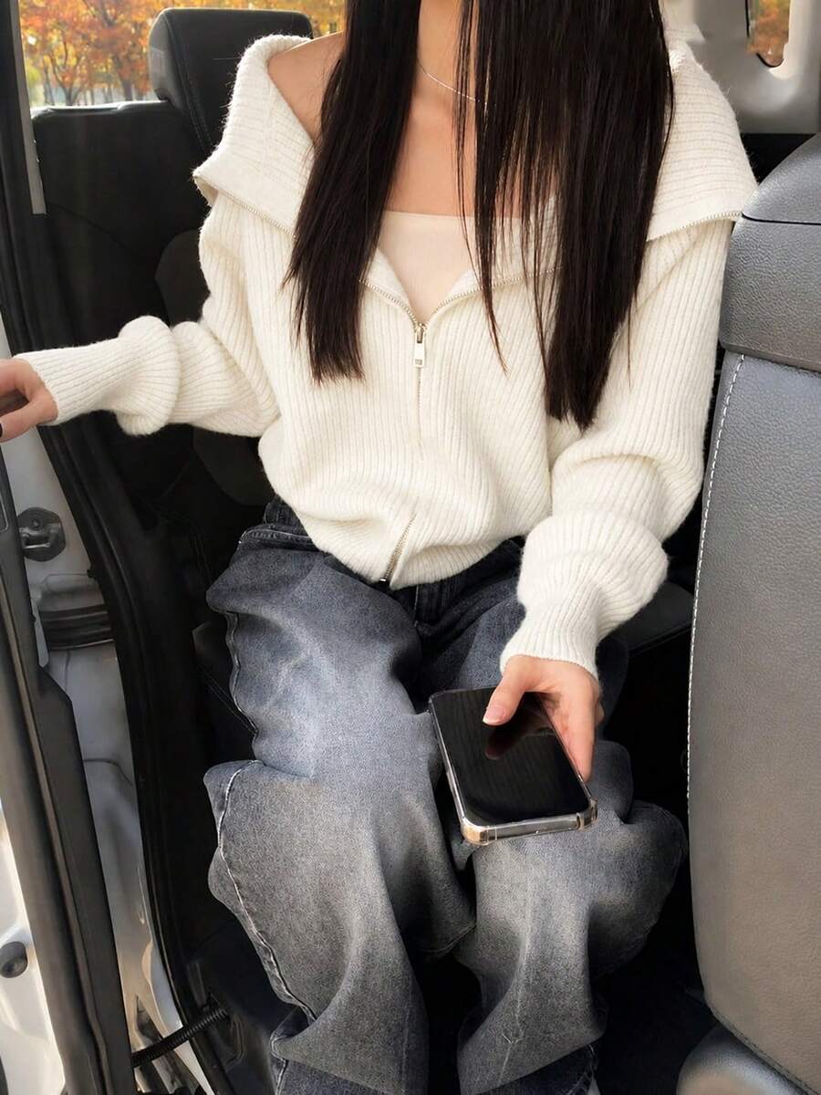 1pc Women Solid Color Faux Wool Ribbed Zip-Up Cardigan, Suitable For Home, Daily Wear, School, Holidays, Autumn White Fall - White - View 1
