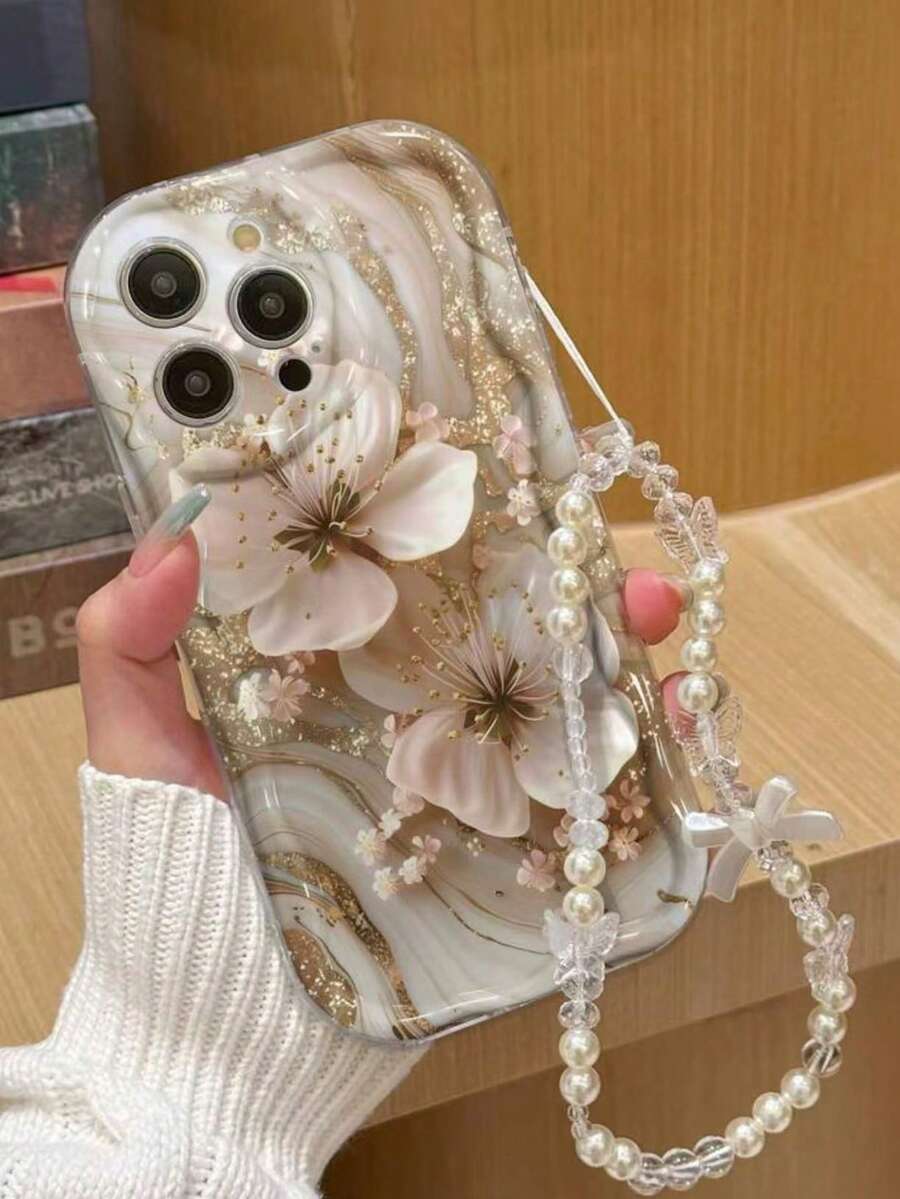 Floral Cream Wavy Edge Print Protective Phone Case With Accessory Chain, Compatible With 16/16 Pro/16 Pro Max/16 Plus/15/14, Candy Painted Anti-Drop Creative Phone Case, 15 Pro Max, Apple 13, Apple 14, Apple 11 - Multicolor - View 1