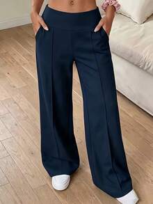 Women's Casual Home Pants, Solid Color High Waist Wide Leg Lounge Pants (With Pockets) - Navy Blue - View 10