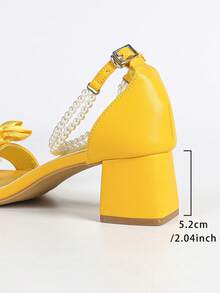 Women's Pearl Chain Bow Decor Satin White 5cm Chunky Heel Sandals, Versatile For Multiple Occasions, Summer - Yellow - View 8