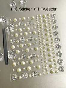 Pearl Flower Rhinestone Combination Face Sticker Set With Rhinestone Tweezers, Luxury Self-Adhesive Face Rhinestone Stickers For Bride Wedding Hanfu Stage Makeup Cheek Nail Art Decoration,Halloween Costume - Multicolor - View 5