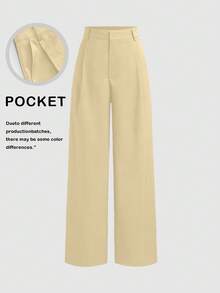 Vela Rue Minimalist Design Lightweight Semi-Sheer Deep Blue Solid Color Suit Pants, Zipper And Hook Closure, Wide Leg Slimming All-Season Style Yellow - Yellow - View 1