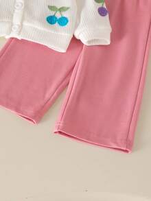 2pcs Set Baju Bayi Perempuan Manis dan Lucu Motif Dopamin dan Ceri dengan Bordir, Lengan Panjang, Cardigan Rajut & Celana Kasual, Musim Semi/Musim Gugur - Putih - View 7