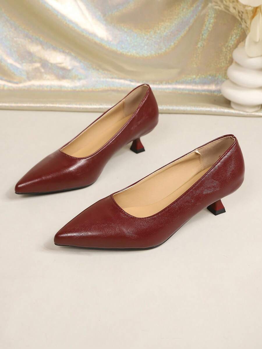 Women's Fashion Pointed Toe High Heel Shoes, Casual Slip-On Chunky Heel Pumps, Suitable For Office, Commute, Party - Burgundy - View 1