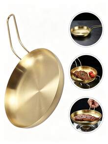 Golden Stainless Steel Frying Pan, Non‑Stick Skillet With Long Wire Hollow Handle,Easy To Clean, Multi‑Purpose Egg & Steak Frying Pan, Kitchen Cookware,Urable Kitchen Cooking Pan For Gas & Electric Stove - View 10
