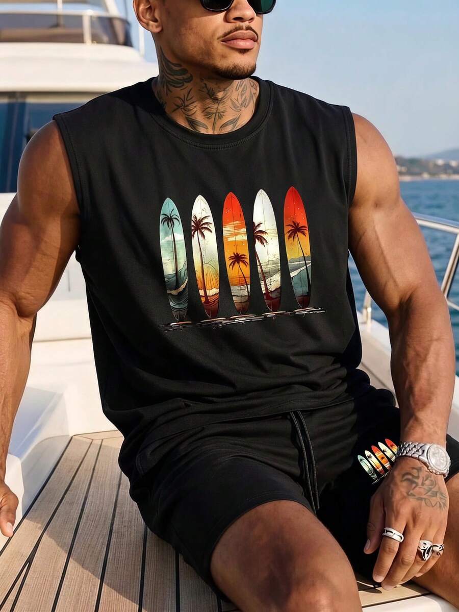 Men's Summer Round Neck Casual Tank Top And Shorts Set - Black - View 1