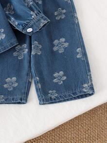 2pcs Baby Girl Vintage Jacquard Lace Peter Pan Collar Long Sleeve Denim Cardigan & Pants Set, Mid-Weight For Spring/Autumn - Dark Wash - View 6